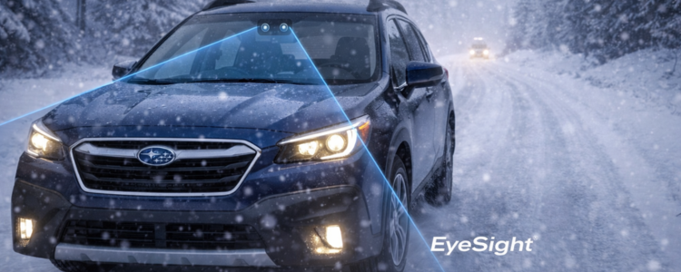 Subaru EyeSight® safety system driving in winter snow conditions.
