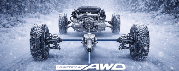 Subaru Symmetrical AWD system providing traction on snow and ice.