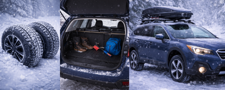 Subaru winter accessories including all-weather floor mats, winter tires, and cargo storage.