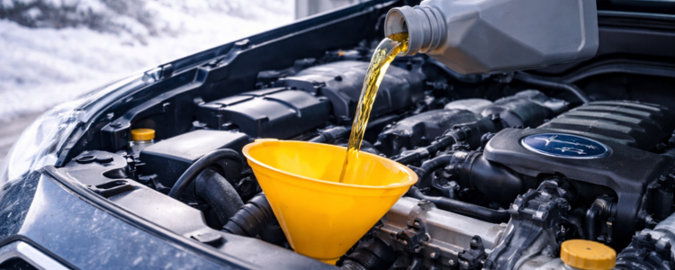 Subaru oil change service being performed to maintain engine performance.