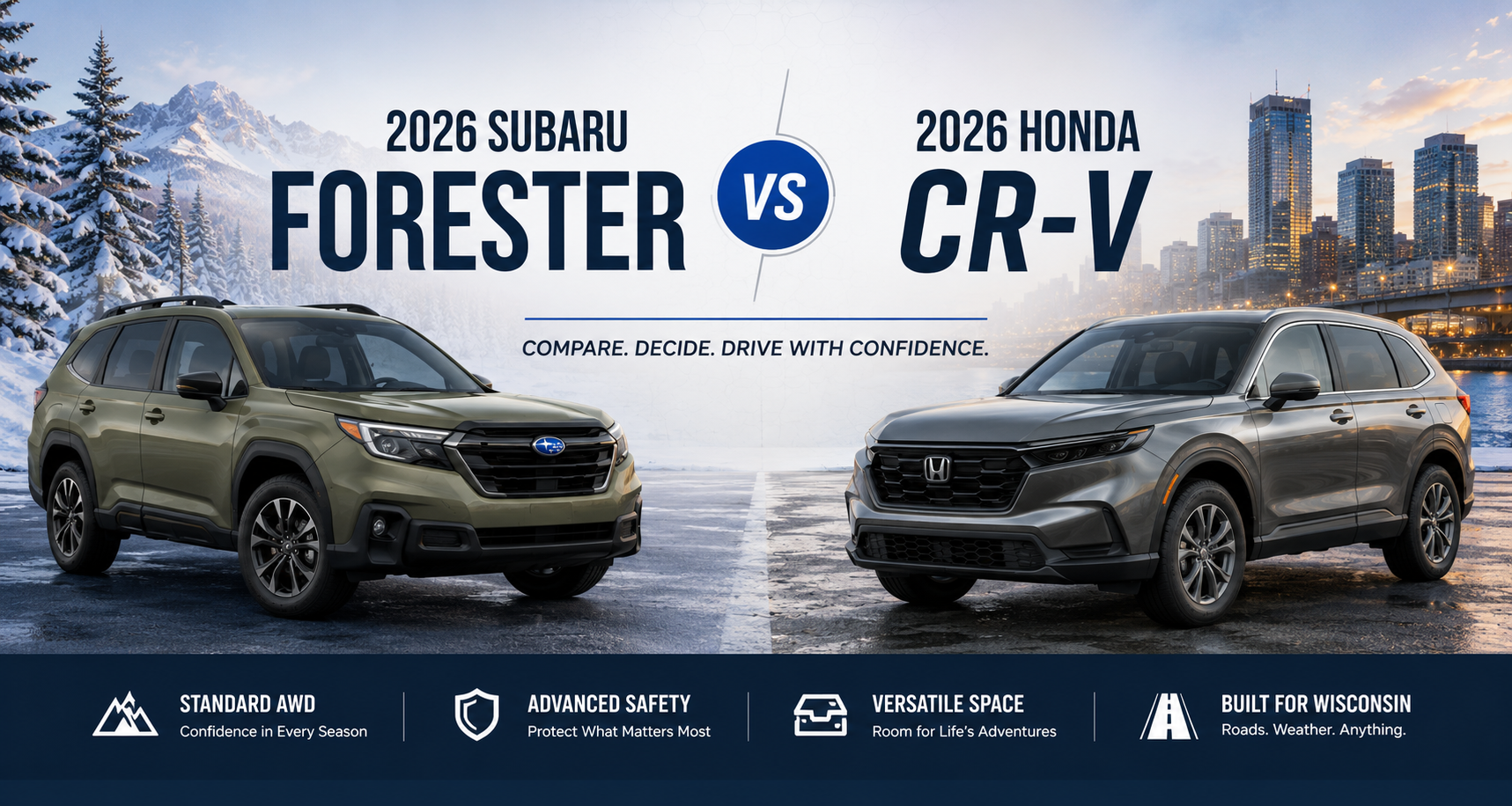 2026 Subaru Forester vs 2026 Honda CR-V comparison banner showing both SUVs side by side, highlighting all-wheel drive capability, safety features, cargo space, and Wisconsin winter driving performance.