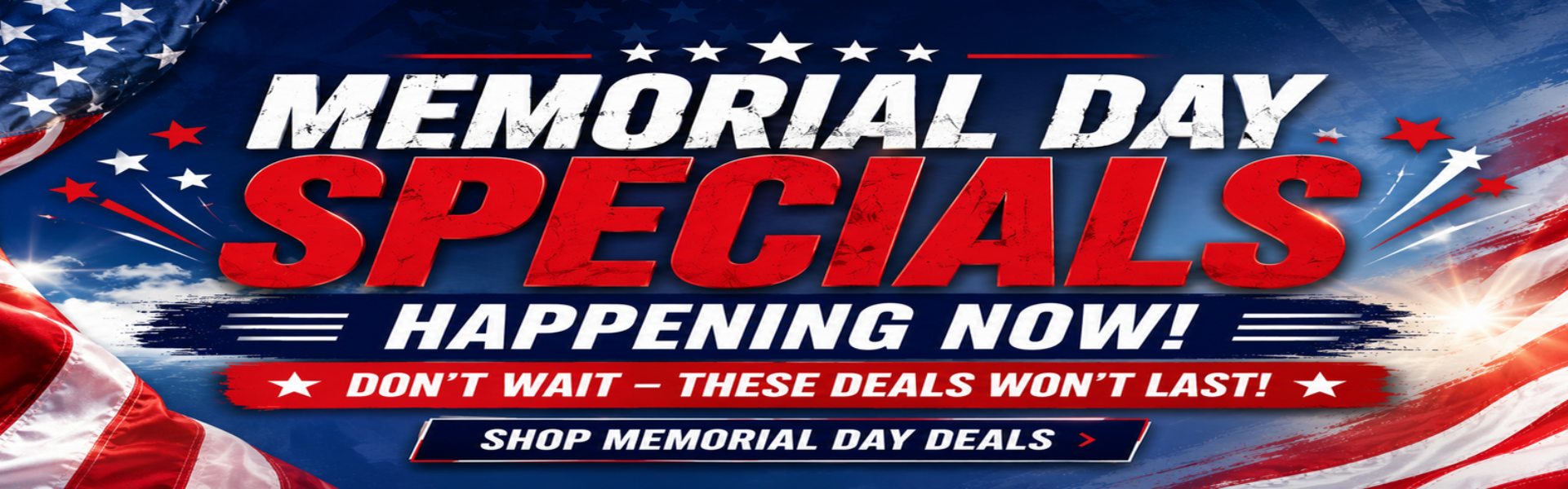 Memorial Day specials banner with patriotic sale graphics.