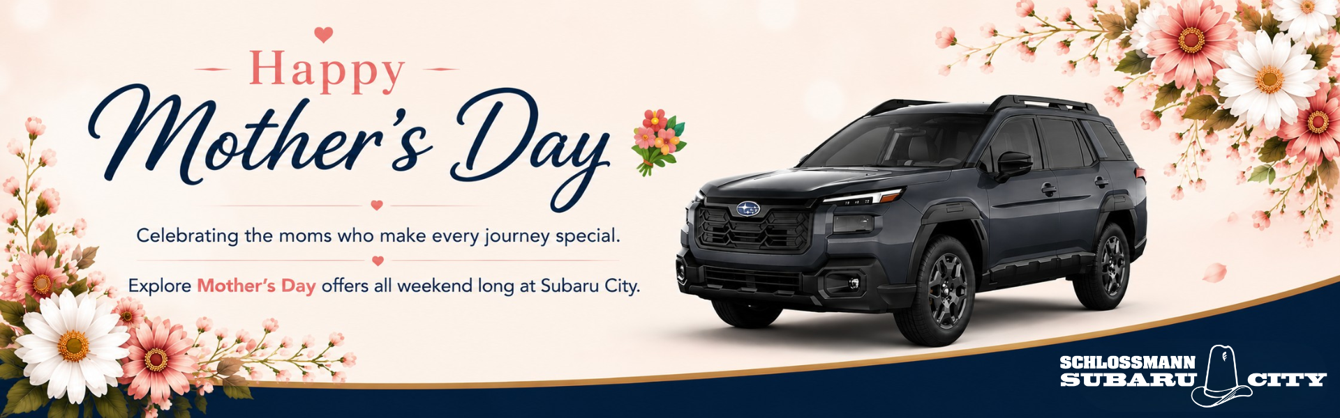 Subaru City Mother’s Day banner with gray Subaru Outback