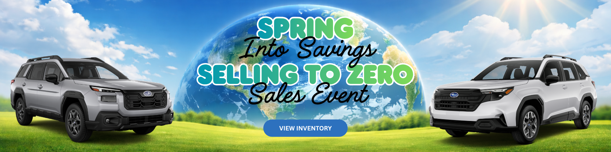 Subaru Spring Sales Event with SUVs and globe backdrop